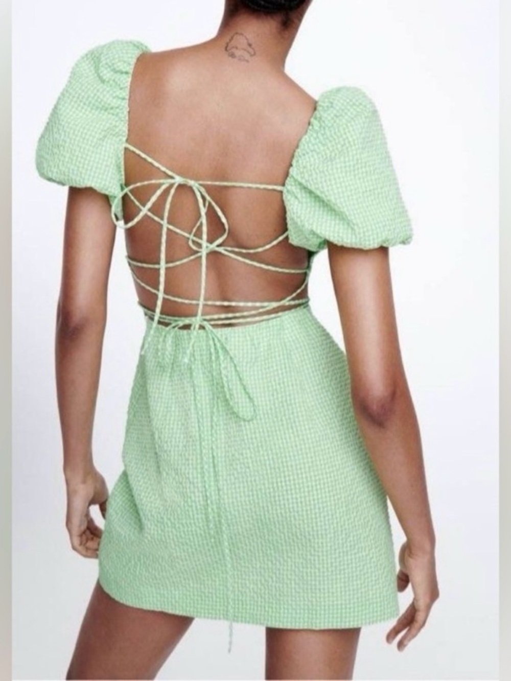 Zara Pastel Green Gingham Puff-Sleeve Mini Dress - Picture 3 of 12